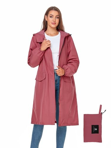 Womens Long Hooded Rain Jacket Waterproof Lightweight Raincoat Windbreaker Pink X-Large