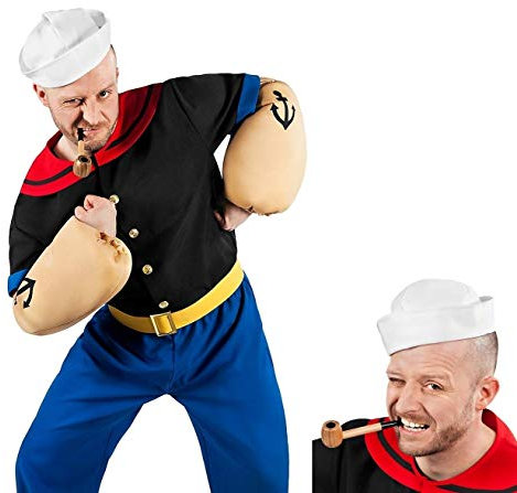 Popeye Comic Seemann Kostüm + Pfeife komplett - 7-teilig mit Hemd, Hose, Muskel-Armen, Matrosenmütze und Pfeife (L)