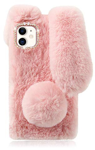 Mikikit Rosa Hase plüsch Hülle für 12 mini, flauschig Telefonhülle plüschtier Pelz Tier Kaninchen Ohr Fall Mode Weiche gemütliche Handyhülle Kid Kaninchen mädchen Niedliche Case für 12 mini