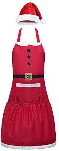Geyoga Christmas Apron with Pockets and Hat Santa Elf Gingerbread Man Snowman Aprons for Kitchen Cooking Baking Accessories(Classic Santa)