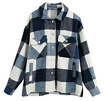 YMING Femme Carreaux Chemise Surdimensionné Mode Petit Ami Blouse Décontracté Veste à Carreaux Chemise Courte Blouse Bleu XS