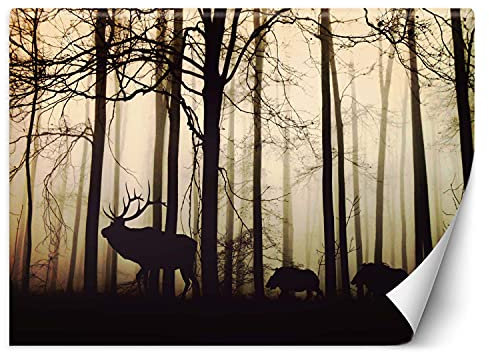 Feeby Wandtapete Fototapete Vlies Nebel Wald Bäume Natur 250x175 cm Beige Modern Tapete Wohnzimmer Schlafzimmer Tiere Hirsche Wildschweine