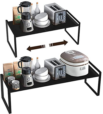 Isyunen Porta Piatti e Stoviglie Allungabile, Mensole Salvaspazio Cucina, Organizer Credenza in Metallo per Cibo e Utensili - Nero