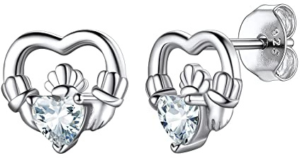 Suplight Clou d'oreille Boucles d'oreilles en Argent 925 Sterling Claddagh St Patrick Irlande Pierre de Naissance Coeur 4mm de Large Zirconium Blanc Avril