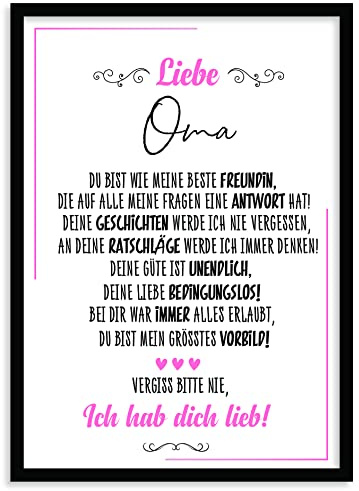 Urhome Kunstdruck Oma ohne Bilderrahmen in DIN A4 - Ich hab dich lieb Wandbild Poster Wanddeko mit Spruch für Wohnung Familie Freunde Geschenk Geburtstag