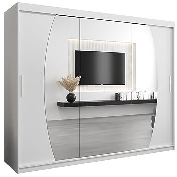 E- MEUBLES Armoire de Chambre avec 3 Portes coulissantes et Miroir Style Contemporain Penderie (Tringle) avec étagères (LxHxP): 250cmx200cmx62cm Globe -Blanc