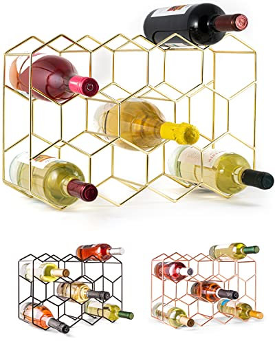 Gusto Nostro Casier à vin de comptoir – 14 bouteilles de vin autoportant moderne en métal doré – 3 niveaux support pour armoire, garde-manger, rangement de bouteilles de vin – Pas de montage