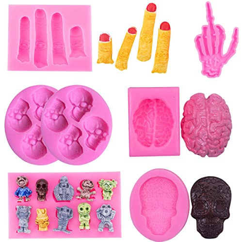ZOOMPIL Lot de 6 Moules en Silicone 3D Crâne, Antiadhésif et Alimentaire, pour DIY Pâtisserie, Résine, Fondant, Chocolat, Savon et Glaçons, Décoration Gothique et Halloween