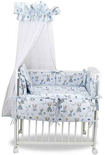 Baby Delux Beistellbett Set Babybett Komplett Set Stubenwagen weiß 90x40 mobil mit Rädern inkl. Bettwäsche Matratze (Bärchen blau)
