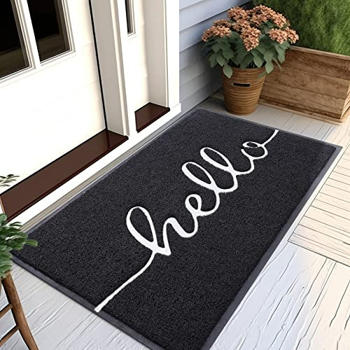 Homaxy Hello Fußmatte außen und innen, rutschfeste Schmutzfangmatte Türmatte, waschbar Fussmatte aussen für Haustür, Eingangsbereich, Garten (80 x 120 cm, Schwarz)