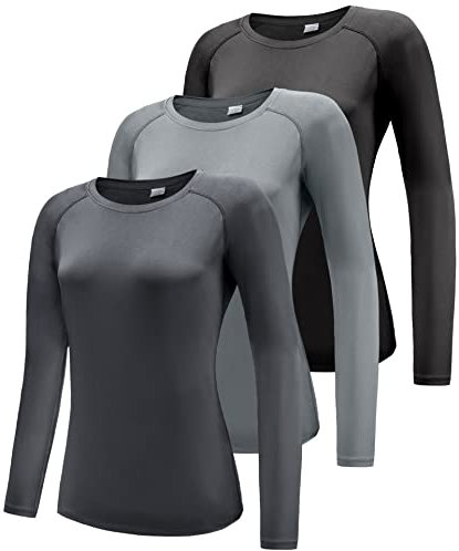 Damen 3er Pack Langarmshirt T-Shirts, UPF 50+ Sonnenschutz Schnelltrocknend Funktionsshirt Laufshirts, Atmungsaktiv Langarm Sportshirt Gym Yoga Top Workout Fitness Oberteil Black/Grey/Dark Grey 3P05-M