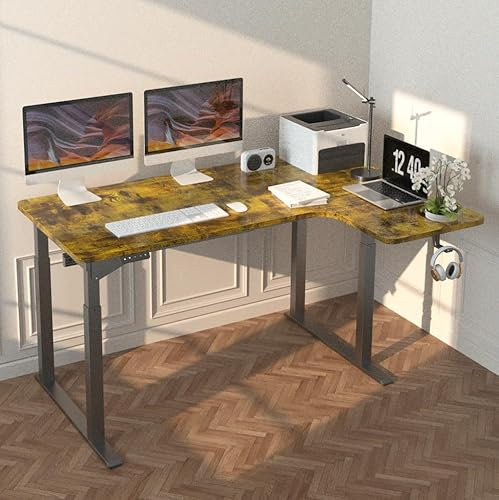 Dripex Schreibtisch höhenverstellbar elektrisch 160x110cm, L-förmiger Schreibtisch mit Dual Motor, Eckschreibtisch Stehpult Standing Desk mit 4 Beinen für Super Stabilität, Spleißbrett, Gelb-braun