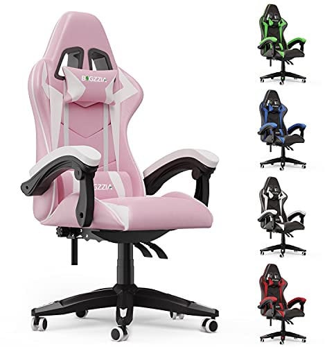 bigzzia Gaming Chair Swivel Heavy Duty Chair Ergonomic Design with Cushion and Reclining Back Support (Pink and white)