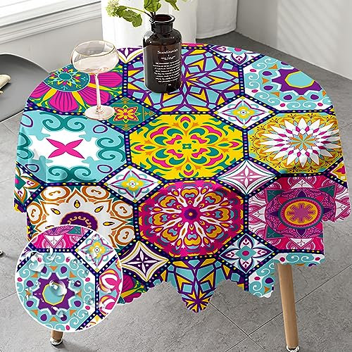 Tischdecke Rund 150 cm Marokkanisch Style Tischdecke für Draußen gartentischdecke rund Abwaschbar Schmutzabweisend für Garten Küche, Esstisch, Parteien