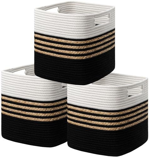UBBCARE Aufbewahrungskörbe aus Wasserhyazinthe für Regale, Spielzeug, Bücher, Aufbewahrungskörbe mit Griffen, Baumwollseil, gewebte Körbe zum Organisieren, Schwarz, 3 Stück