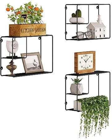 EUGAD eckiges Wandregal 3er Set, Metall, klappbares Metallregal, Hängeregal mit 3 Ablageplatten, industrielle Wanddeko für Wohnzimmer Schlafzimmer Küche Badezimmer, 38x25,5x11,5 cm
