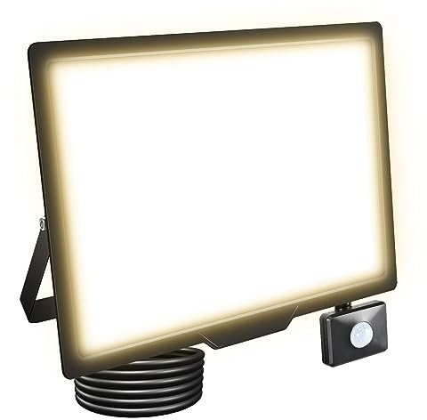 RIGIDON LED Strahler mit Bewegungsmelder 200W 20000LM Aussenstrahler mit Bewegungsmelder 3000K Warmweiß Wasserdicht Außen Fluter Außenleuchte Aussenlampe für Garten Garage Innenhöfe Sportplatz Hof