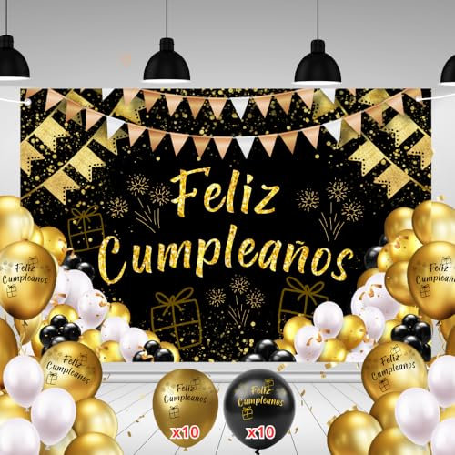 Pancarta Feliz Cumpleaños 110x180cm + 20 Globos | Cartel Decoración Fiesta Adulto Hombre Mujer | Photocall Cumpleaños Negro y Dorado | Telón Fondo con Cuerda | Adornos y Decoración