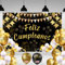 Pancarta Feliz Cumpleaños 110x180cm + 20 Globos | Cartel Decoración Fiesta Adulto Hombre Mujer | Photocall Cumpleaños Negro y Dorado | Telón Fondo con Cuerda | Adornos y Decoración