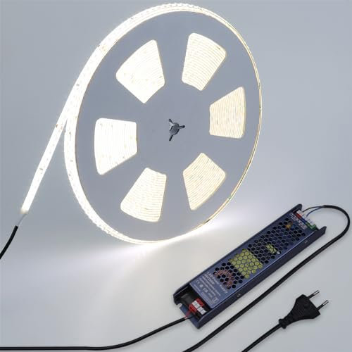 BENLUN 48V LED Strip 20M, LED Streifen 6000K Kaltweiss Aussenbereich, LED Band Outdoor IP65 Wasserdicht Sehr Hell 150W Schneidbar Selbstklebend mit Netzteil und Stecker