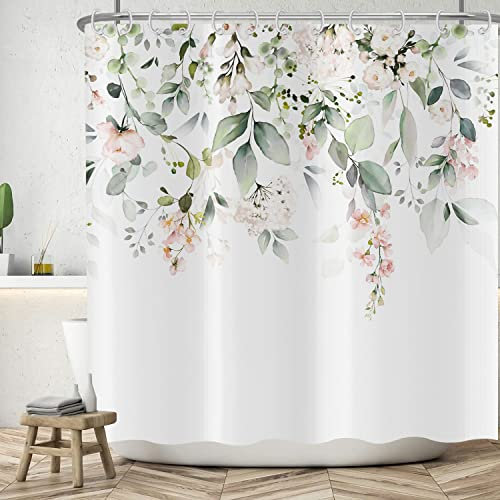 ASDCXZ Blumen Duschvorhang 180x200 cm, Frühling Handgemalt Rose Blumen Grün Blätter Weiß Bad Waschbar Duschvorhänge Polyester Textil Wasserdicht Badevorhang für Badewanne mit 12 Haken