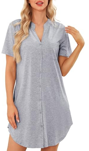 Lovasy Nachthemden für Damen Kurzarm Baumwolle Sommer Schlafshirt Still Nachthemd mit Knöpfen Damen Geburtshemd mit Taschen
