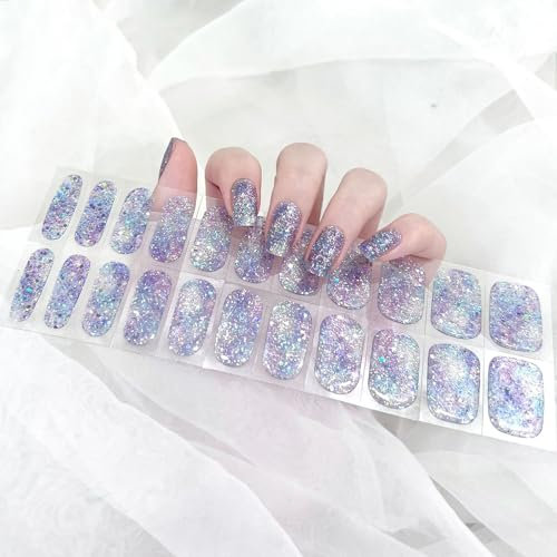 Boloshine Semi Cured Gel Nail Strips, 22pcs Extra Long Glitter Gel Nail Stickers, Self-Adhesive French Manicure Stickers, Salon-Quality Gel Nail Wraps UV/LED Lamp Required (Purple Stardust)