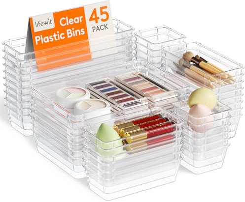 Lifewit 45 Stücke Schubladen Organizer aus klarem Kunststoff, Schreibtisch Schubladenteiler, Tabletts, Kommode Aufbewahrungsboxen Trennbox für Make-up, Schmuck und Gadgets, Schlafzimmer, Bad, Büro