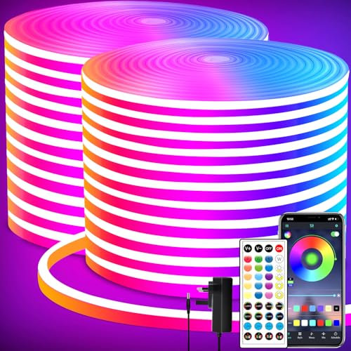segrass LED neon Lights Strip 40M,DC 24V RGB neon Rope Light Strip APP Remote Controls Control Waterproof Flexible Neon LED Rope Lights for Bedroom,Playroom,Outdoors Decor(2 Rolls of 20M)