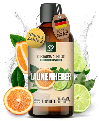 NORDHOLZ® Saunaaufguss BIO [NATURREINE ÄTHERISCHE BIO-ÖLE] Sauna Aufgussmittel #10 Launenheber 100ml Orange, Limette - Sauna Aufguss aus Franken