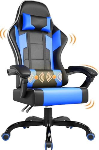 Airfish Chaise Gaming Ergonomique avec Massage Lombaire Électrique, Fauteuil Gamer en Cuir PU, Siège Réglable, Dossier Inclinable 90°-150°, Chaise Bureau Gaming, Charge 150KG, Bleu