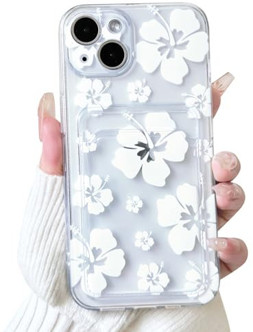 NITITOP Compatible with iPhone 13 Mini Case Clear with Card Holder Cute White Floral Pattern for Women Girl Flower Design Soft TPU Shock-absorbing Wallet Case Protective Phone Cover - White