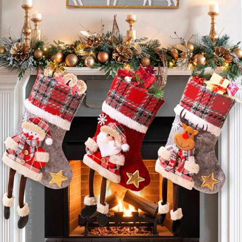 Chaussettes de Noël à Suspendre Lot de 3, Grande Chaussette de Noel Personnalisé Rouge Gris Bas de Noël pour Enfant, Mini Chaussette de Noel a Suspendre pour Décoration Sapin de Noel Cheminée