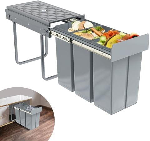 Suusolny Grau 3 x 10L Einbaumülleimer Mülltrennsystem Ausziehbar Mehrfachbehälter Abfallsammler Schrankmülleimer Geruchsdicht Komfortabler Zugang für Küche 48x26x42cm