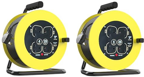 2 Pack Heavy Duty Outdoor Extension Lead 25M,13A Electrical Extension Reel, 4 Socket Cable Reel, for Home Office Garden,25 Metres
