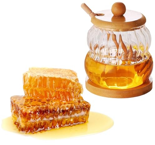 YouXiaor Recipiente para Miel, Latas de Miel Botellas Dispensador para Miel Cristal Tarro para Miel Botellas de Miel Tarros de Vacíos Transparentes de Miel con Tapa Dispensador de jarabe