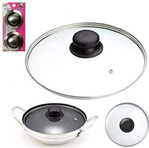 12cm Tempered Glass PAN LID & PK2 Pan Lid KNOBS -Replacement Wok Lid, Stir Fry Pan Lid, Stock Pots Lid, Casserole Pan Lid, Saucepan Lid