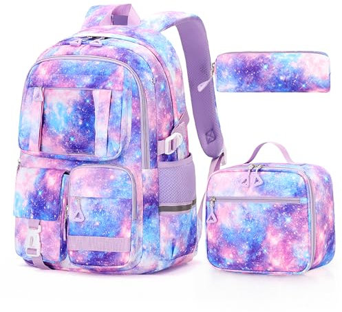 Amythe Schulrucksack Mädchen 3er-Set, Große Rucksack Teenager Mädchen Schultasche 3. - 9. Klasse, Wasserdicht Ranzen Kinder School Bag für Schule Reisen, Lila