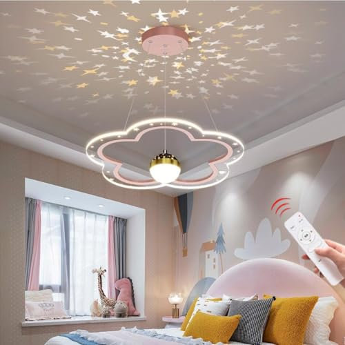 LED Sternenhimmel Kronleuchter Blumen Design Kinderzimmer Pendelleuchte Dimmbar Esszimmer Pendellampe Junge Mädchen Schlafzimmer Lampe Esstisch Küche Hängeleuchte Innenbeleuchtung Licht pink 50cm