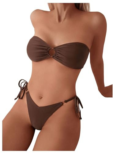 GORGLITTER Damen Bandeau Bikini Sets Trägerloses Bikinioberteil Tanga High Waist 2 Piece Strandmode Zweiteiliger Swimsuits Bikinis mit Ring Kaffeebraun M