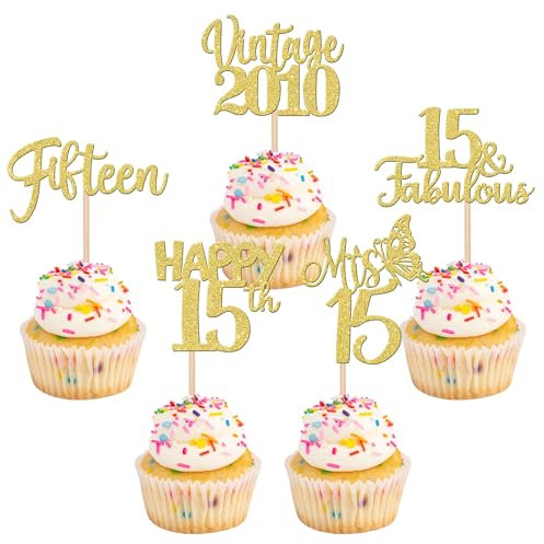 30 Stück Vintage 2010 Cupcake Toppers Glitzer Happy 15th Geburtstag Tortendeko Fabulous 15 Fifteen Kuchen Deko für 15th Geburtstag Hochzeit Jahrestag Party Gold