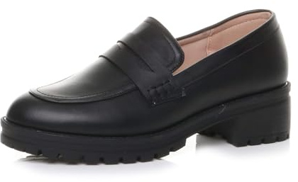 AJVANI Womens Ladies mid Block Heel Chunky Slip on School Shoes Penny Loafers Size 3 36 Black Matte