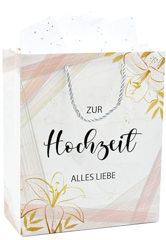 Hochzeitsgeschenk Tüte Geschenktasche Hochzeit Verpackung Geschenke für Brautpaar Braut Bräutigam Papiertüten mit Henkel 2 Seidenpapier