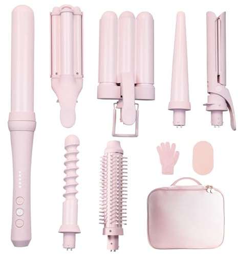 Lockenstab Lockenstäbe Set 7 in 1 für großer Wellen, (0,6 -1,25), Crimper Styling Werkzeuge, beheizte runde Bürste, Haargerät, Keramikbeschichtung mit rosa Geschenkverpackung