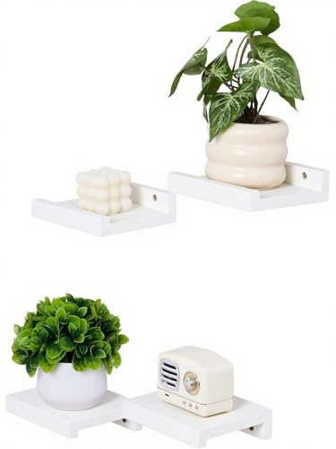 Gieanoo Weiß Wandregal Klein Holz, 4er Set Eichenholz Kleine Schweberegal Holz 15cmx13cm Pflanzenregal Rustikale Holzregale mit Lippe Kleine Natürliche wanddeko Regal Wandboard
