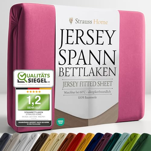 Strauss Home® Jersey Spannbettlaken Spannbetttuch Bettlaken 100% Baumwolle 90x200-100x200 cm Übergrösse Wasserbett Boxspringbett (Berry)