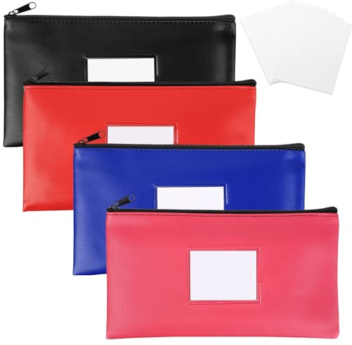4 Stück Geldtaschen Bankmappe Leder mit Reißverschluss + Fenster | Leder, robust; Reißverschluss & Sichtfenster; für Bargeld/Belege; inkl. 8 Blankokarten; Schule/Haushalt/Business