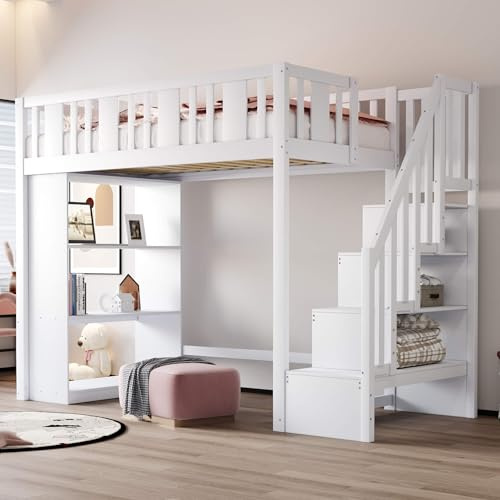 HYUB Hochbett Kinderbett 90x200 cm mit Stauraum und Treppe, Etagenbett Holzbett mit Regale und Lattenrost, Bettgestell mit Rausfallschutz, Weiß