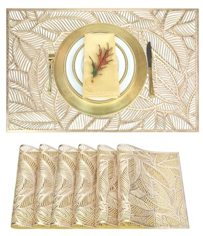 Tischsets Rechteckig Gold, 6 Stück Tischunterlage Esstisch, Gold Form des Blattes Platzsets, Abwaschbar rutschfest Hitzebeständig Platzmatten, für Hochzeit, Dinner Parties, Restaurant