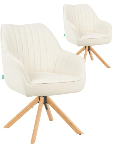 DUBI Möbel Esszimmerstühle 2er Set 360° drehbar mit Rückstellfunktion, Taschenfederkern, hoher Sitzkomfort, bis 150 kg belastbar, Stoff Creme, Eiche Massivholzgestell geölt (Natur), Mika-Luis